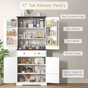 71 Tall Farmhouse Kitchen Pantry with 6 Door Shelves Drawer Wood Pantry Storage Cabinet with 2 Adjustable Shelves 4 Barn Doors Freestanding Cupboard for Kitchen Dining Room White