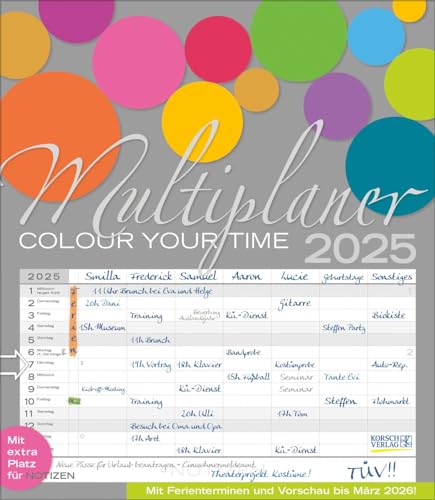 Multiplaner - Colour your time 2025: Familienplaner, 7 breite Spalten. Großer Familienkalender mit Ferienterminen, extra Spalte, Vorschau für 2026 und Datumsschieber. Format: 40x46 cm
