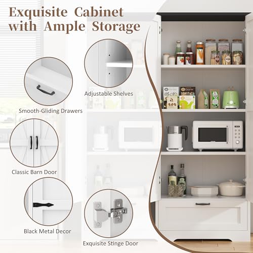 Shintenchi-Kitchen-Pantry-Cabinet-Freestanding-Farmhouse-Storage-Cabinet-with-4-Shelves-and-1-Drawer-Tall-Cupboard-for-Kitchen-Living-Room-Dining-Room-and-Bathroom-White Shintenchi Kitchen Pantry Cabinet Freestanding Farmhouse Storage Cabinet with 4 Shelves and 1 Drawer Tall Cupboard for Kitchen Living Room Dining Room and Bathroom White