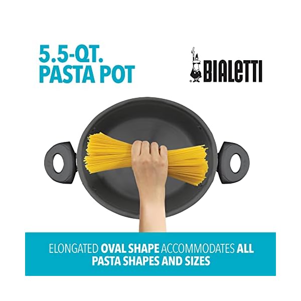   Bialetti-55-Quart-Pasta-Pot-with-Strainer-Lid-Charcoal--Elongated-Oval-Pot-for-Longer-Spaghetti-Lasagna-Penne-Farfalle-Noodles-Heat-Resistant-Handles-Nonstick-Interior-Large-Pot-for-Cooking