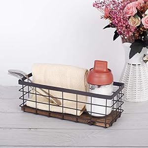 TIEYIPIN Small Metal Wire Storage Basket Detachable Wood Base Storage Organizer Bin Basket for Kitchen Cabinets Bathroom Pantry Garage Laundry Room Brown 2 Pack