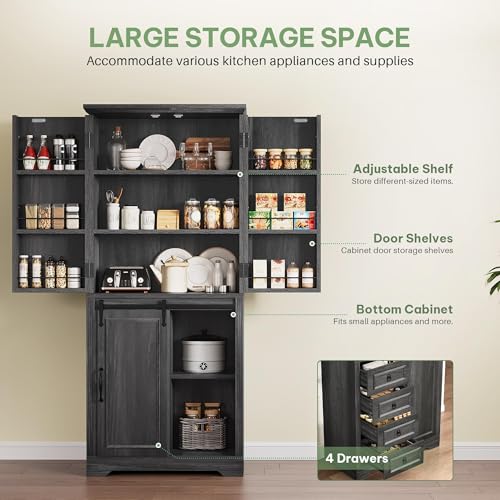YITAHOME-71-Kitchen-Pantry-Tall-Farmhouse-Storage-Cabinet-with-Drawer-Organizer-Barn-Doors-and-Adjustable-Shelves-for-Kitchen-Dining-Room-Living-Room-Grey-Rustic-Oak YITAHOME 71 Kitchen Pantry Tall Farmhouse Storage Cabinet with Drawer Organizer Barn Doors and Adjustable Shelves for Kitchen Dining Room Living Room Grey Rustic Oak