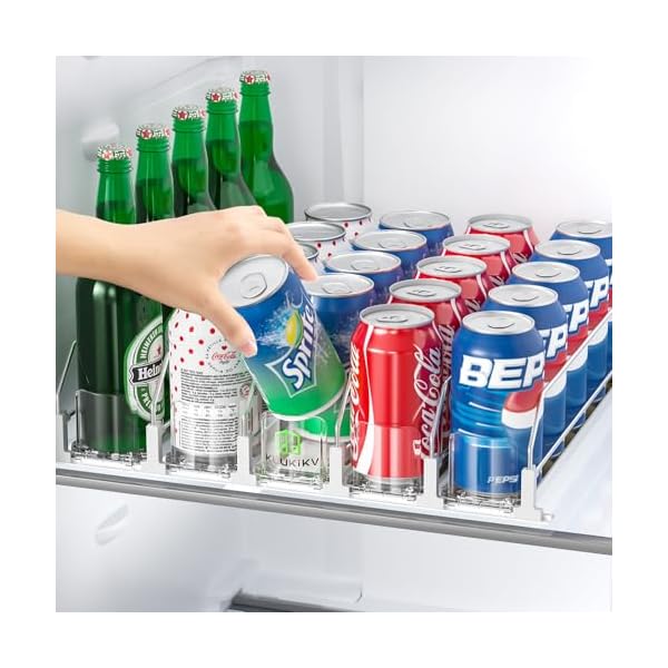 Upgraded drink organizer for fridge space saving soda dispenser for refrigerator automatic pusher glide and adjustable width can organizer for refrigerator holds 25 cans 5 rows white  urban country home decor