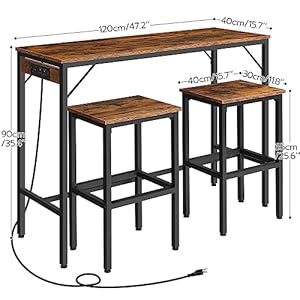 HOOBRO Bar Table and Chairs Set 472 Dining Table Set with Power Outlet 3 Piece Pub Table Set Kitchen Bar Height Table with Stools of 2 Space Saving for Living Room Rustic Brown BF46UBT01