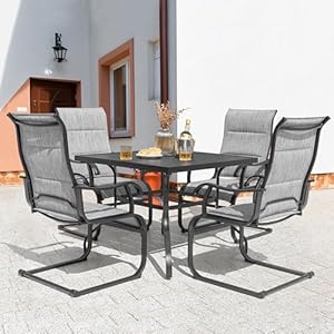 NUU GARDEN 5 Piece Outdoor Dining Set 4 All Weather Outdoor Padded Textilene Patio Chairs and 37 Square Dining Table with 157 Umbrella Hole for Backyard Patio Garden Light Grey and Black