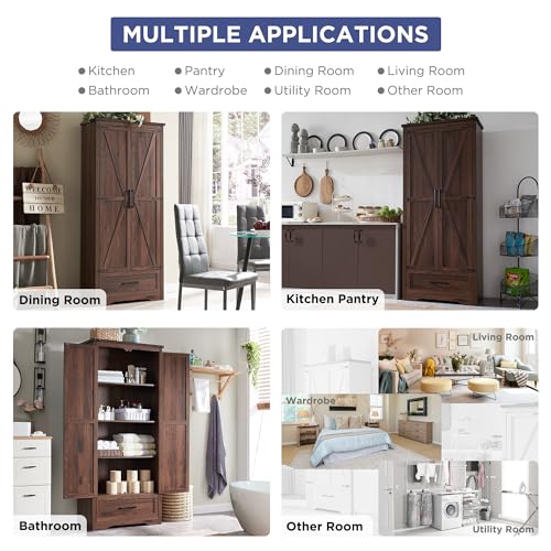 JXQTLINGMU-Farmhouse-Kitchen-Pantry-Cabinet-72-Tall-Wood-Kitchen-Storage-Cabinets-with-Adjustable-Shelves-2-Barn-Doors-Drawer-Versatile-Storage-for-Dining-Room-Bathroom-Rustic-Brown JXQTLINGMU Farmhouse Kitchen Pantry Cabinet 72 Tall Wood Kitchen Storage Cabinets with Adjustable Shelves 2 Barn Doors Drawer Versatile Storage for Dining Room Bathroom Rustic Brown
