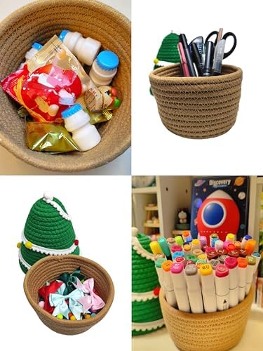 SINGLIN Christmas Tree Woven Basket with Lid and Pom-Poms