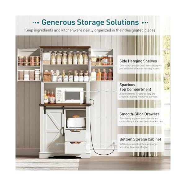   Farmhouse-Pantry-Cabinet-with-Charging-Station-Kitchen-Pantry-with-2-Drawers-Sliding-Barn-Door-Tall-Wooden-Storage-Cabinet-Cupboard-for-Dining-Room-Living-Room-White-and-Walnut