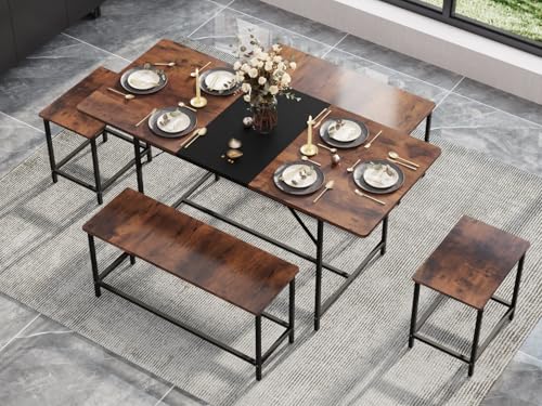 5 Piece Dining Table Set for 4 6 63 Extendable Dining Room Table with 2 Benches 2 Stools Farmhouse Kitchen Table and Chairs with Metal Frame MDF BoardSpace Saving Rustic Brown