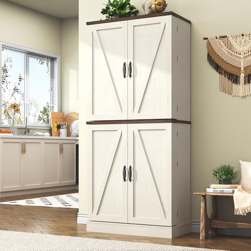 Farmhouse-Kitchen-Pantry-Cabinet-71-Tall-Storage-Cabinet-with-Adjustable-Shelves-4-Barn-Doors-Drawer-Rustic-Wood-Cupboard-for-Kitchen-Dining-Room-Living-Room-White Farmhouse Kitchen Pantry Cabinet 71 Tall Storage Cabinet with Adjustable Shelves 4 Barn Doors Drawer Rustic Wood Cupboard for Kitchen Dining Room Living Room White