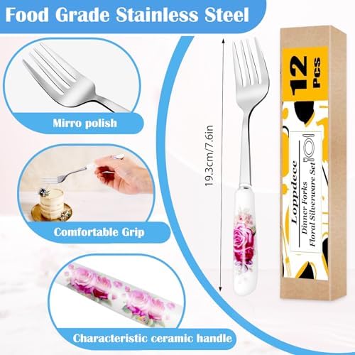 12Pcs Stainless Steel Floral Forks with Ceramic Handles