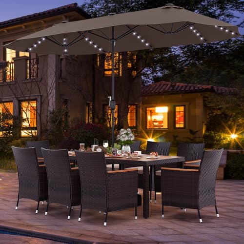 Tangkula-11-Pieces-Patio-Dining-Set-with-15ft-Double-Sided-LED-Patio-Umbrella-Base-Included-Outdoor-Rattan-Furniture-Set-with-8-Stackable-Chairs-Acacia-Wood-Dining-Table-and-Umbrella-Coffee Tangkula 11 Pieces Patio Dining Set with 15ft Double Sided LED Patio Umbrella Base Included Outdoor Rattan Furniture Set with 8 Stackable Chairs Acacia Wood Dining Table and Umbrella Coffee