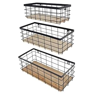 Metalwirebasketdetachablewoodbasestorageorganizerfarmhousebinforkitchencabinetsbathroompantrylaundryroomclosetssetof3blackcolor Urban Country Home Decor Metal wire basket detachable wood base storage organizer farmhouse bin for kitchen cabinets bathroom pantry laundry room closets set of 3black color urban country home decor