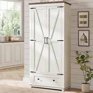 Farmhouse Kitchen Pantry Cabinet 72 Tall Storage Cabinet with Adjustable Shelves Barn Doors Freestanding Kitchen Cupboard for Dining Room Living Room BarnwoodWhite