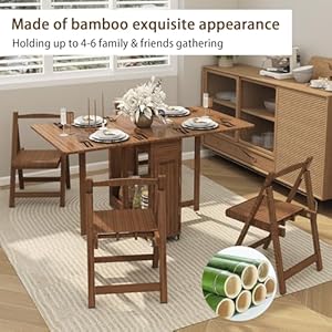 Folding Dining Table with 4 Chairs,Extendable Bamboo Drop-Leaf Kitchen Table Set with Storage for Small Space Living Room Dining Farmhouse,No Assembly Required (Brown) Folding Dining Table with 4 ChairsExtendable Bamboo Drop Leaf Kitchen Table Set with Storage for Small Space Living Room Dining FarmhouseNo Assembly Required Brown