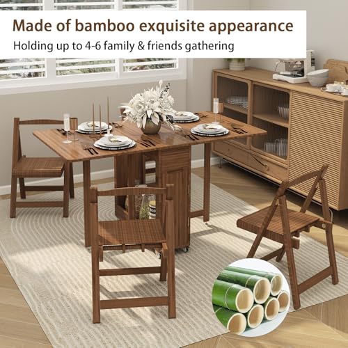 Folding-Dining-Table-with-4-ChairsExtendable-Bamboo-Drop-Leaf-Kitchen-Table-Set-with-Storage-for-Small-Space-Living-Room-Dining-FarmhouseNo-Assembly-Required-Brown Folding Dining Table with 4 ChairsExtendable Bamboo Drop Leaf Kitchen Table Set with Storage for Small Space Living Room Dining FarmhouseNo Assembly Required Brown