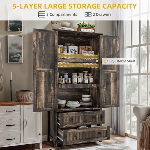 YITAHOME-Farmhouse-Kitchen-Pantry-Cabinet-645-Tall-Storage-Cabinet-with-2-Drawers-Adjustable-Shelves-Ideal-for-Kitchen-Living-Room-or-Entryway-Dark-Rustic YITAHOME Farmhouse Kitchen Pantry Cabinet 645 Tall Storage Cabinet with 2 Drawers Adjustable Shelves Ideal for Kitchen Living Room or Entryway Dark Rustic