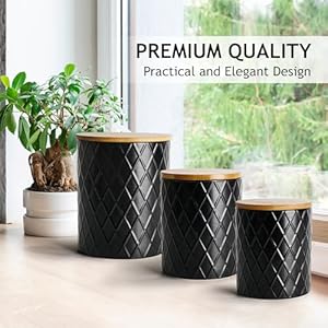 MIAMIO–Set of 3 Canister Sets for Kitchen Counter Ceramic Kitchen Canister Set with Airtight Seal Wooden Lid Perfect for Coffee Tea Sugar Flour Tea Salt and More Black