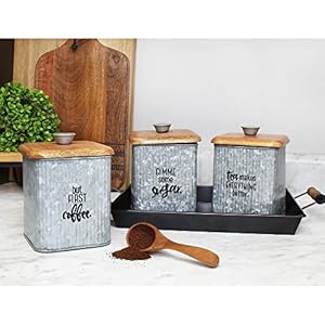  AuldHome-Design-Farmhouse-Galvanized-Canisters-Set-of-3-Storage-Containers-for-Coffee-Tea-and-Sugar-in-Galvanized-Iron-and-Wood-Design