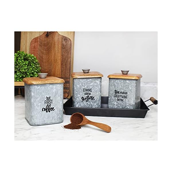   AuldHome-Design-Farmhouse-Galvanized-Canisters-Set-of-3-Storage-Containers-for-Coffee-Tea-and-Sugar-in-Galvanized-Iron-and-Wood-Design