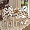 59 dining table set farmhouse rectangular white kitchen room table chairs set solid wood stable space saving easy clean 1 bench 4 chairs  urban country home decor