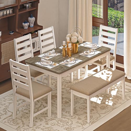 59 Dining Table Set Farmhouse Rectangular White Kitchen Room Table Chairs Set Solid Wood Stable Space Saving Easy Clean 1 Bench 4 Chairs