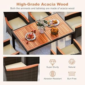   HAPPYGRILL-7-Pieces-Rattan-Wicker-Patio-Dining-Set-Outdoor-Dining-Set-with-Cushions-Large-Dining-Table-with-Acacia-Wood-Top-Outside-Dining-Furniture-Set-with-Umbrella-Hole