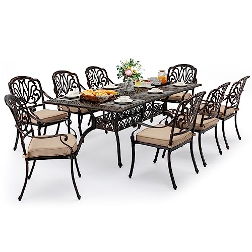 9 Piece Cast Aluminum Outdoor Table and Chairs Classic Vintage Patio Dining Set for 8 Include 87 Rectangular Patio Dining Table and 8 Chairs with Removable Cushion and Umbrella Hole
