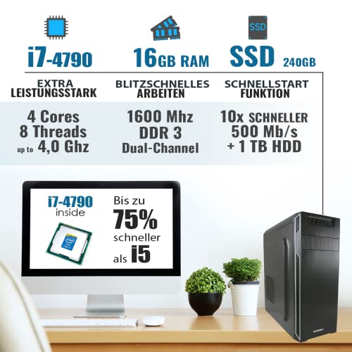 GREED® Multimedia PC mit Intel Core i7 4790 - Schneller Rechner + Computer für Büro & Home Office mit 4,0 GHZ, 16GB RAM/Arbeitsspeicher - 240GB SSD + 1TB - DVD+RW - USB3.0 - WLAN, inkl. Windows 11 Pro – Bild 4