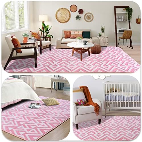 Ompaa Ultra Soft Shaggy Rug 5x8 Feet Pink Geometric Textured Carpet