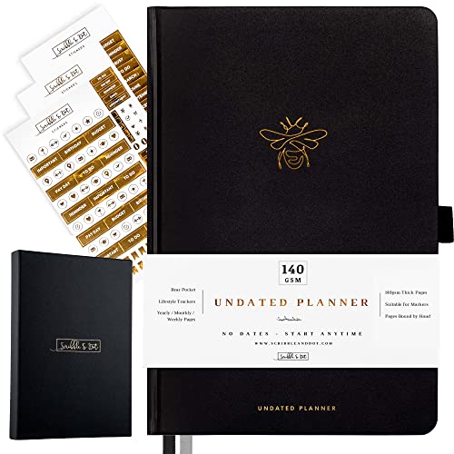 Scribble & Dot® Planner - Undated Weekly Planner A5 | NO Dates Start Anytime | A5 Premium Cover Planner with Trackers, Notes & More for Busy Schedules - (Signature Bee)