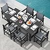 Serwall 7 piece outdoor dining table sets for 6 with 1 umbrella hole cut out rectangular table and 6 textilene chairs hdpe dining table sets for garden backyard poolside black  urban country home decor