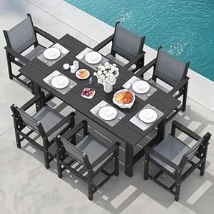 Serwall7pieceoutdoordiningtablesetsfor6with1umbrellaholecutoutrectangulartableand6textilenechairshdpediningtablesetsforgardenbackyardpoolsideblack  Urban Country Home Decor Serwall 7 piece outdoor dining table sets for 6 with 1 umbrella hole cut out rectangular table and 6 textilene chairs hdpe dining table sets for garden backyard poolside black  urban country home decor