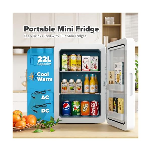   22L30Cans-Mini-Fridge-for-Bedroom-12v-DC-Portable-Cooler-Warmer-Mini-Refrigerator-with-Glass-Front-for-Car-Office-Desk-Dorm-Food-Beverage-Skincare-Makeup-White