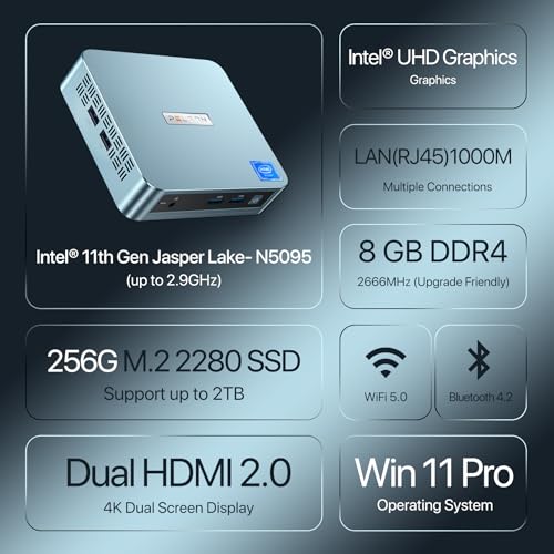 PELADN WI-4 Mini-PC mit Intel 11.Generation N5095 (bis zu 2,9 GHz), 8 GB RAM/256 GB M.2 SSD, 4K UHD, Bluetooth 4.2, HDMI2.0, LAN & WiFi, 2,4G/5,0G WLAN für Business-Anwendungen. – Bild 3