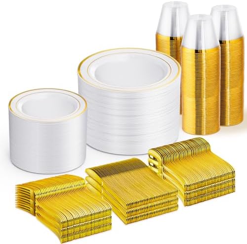 WELLIFE 100-Piece Gold Disposable Dinnerware Set for Parties