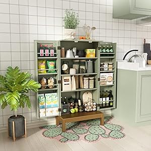 45 Kitchen Pantry CabinetStorage Cabinet with Doors and Adjustable ShelvesFood Pantry Cabinet for KitchenDining RoomLiving Room and GarageGold Lines and LegsGreen Cabinet