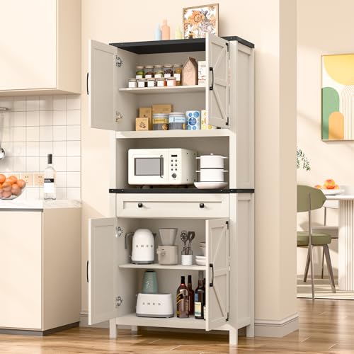69-Farmhouse-Storage-Cabinet-with-Drawer-6-Tier-Tall-Kitchen-Pantry-Cabinet-Large-Wood-Storage-Cabinet-with-4-Barn-Doors-and-Adjustable-Shelves-Cabinet-with-Storage-for-Living-Room-KitchenBlack 69 Farmhouse Storage Cabinet with Drawer 6 Tier Tall Kitchen Pantry Cabinet Large Wood Storage Cabinet with 4 Barn Doors and Adjustable Shelves Cabinet with Storage for Living Room KitchenBlack