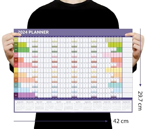 Wall Planner 2024 A3 Size (42.0 x29.7cm) Full Year Calendar Home Office Work Jan to Dec (Rainbow)