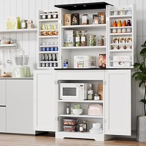 Vongrasig Kitchen Pantry Storage Cabinet with Barn Doors Drawer and Adjustable Shelves 6 Tier Tall Rustic Wood Cupboard Locker for Kitchen Dining Room Living Room Bathroom White