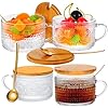 MAQUITA Vintage Coffee Mugs Set of 4 Embossed Tea Cups Overnight Oats Containers with Bamboo Lids and Spoons 14oz Glass Coffee Cups for Cappuccino Latte Cereal Yogurt Beverage Clear