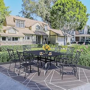 Incbruce 7 Pcs Outdoor Dining Set Wrought Iron Patio Dining Set Dining Furniture Set 6 Dining Chair and 1 Rectangular Table with 157 Umbrella Hole for GardenBackyardMetal Tabletop