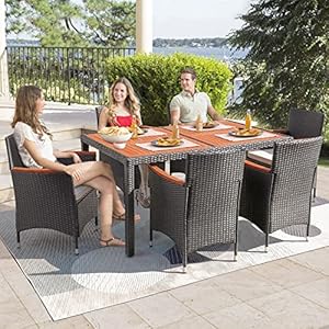 Flamaker 7 Piece Patio Dining Set Outdoor Acacia Wood Table and Chairs with Soft Cushions Wicker Patio Furniture for Deck, Backyard, Garden Flamaker 7 Piece Patio Dining Set Outdoor Acacia Wood Table and Chairs with Soft Cushions Wicker Patio Furniture for Deck Backyard Garden
