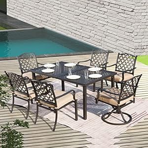 Domi Outdoor 7 pcs Patio Dining Set Metal Dining Table Swivel and Dining Chairs Conversation Set with Removable Beige Cushions for Garden Lawn Yard
