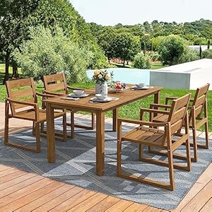 Patio Furniture Dining Set 7 Piece HDPS Teak Color Oil Printed All Weather Outdoor Table and Chairs Modern Design Low Maintenance Easy to Assemble