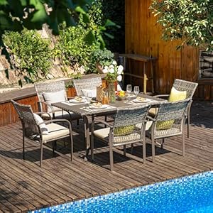 Pamapic 8504 Patio Dining 7 Piece Outdoor Wicker Furniture Set for Backyard Garden Deck PoolsideIron Slats Table Top Removable Cushions 7 Pack Beige