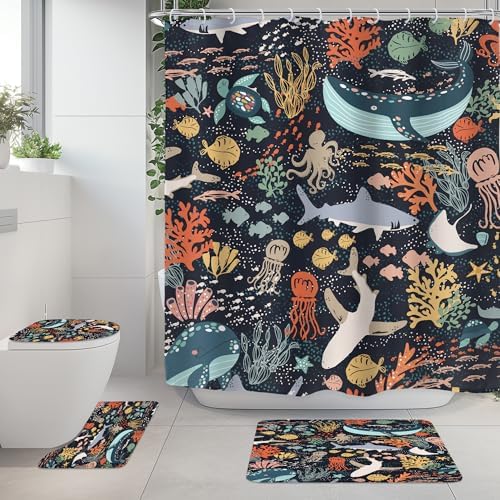 Riyidecor Kids Shark Fish 4Pcs Bathroom Set