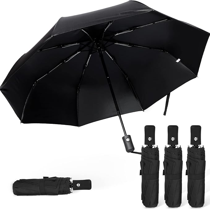 4 Pack Windproof Travel Umbrellas, Black Compact Umbrella for Rain 8 Ribs Bulk, Automatic Open and Close, Lightweight Collapsible Folding for Men and Women