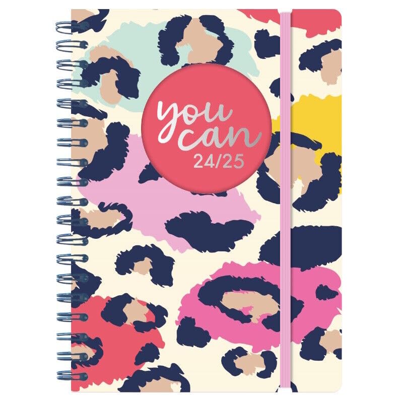 A5 Wiro Die Cut Academic Diary 2024-2025 Day A Page Mid Year Hardback Planner Student,teacher, planner Year Hardback Spiral Year Diary (Leopard Pattern)