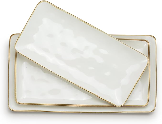 famiware Serving Platter, Rectangular 15.67/14.1/12.6 inch Serving Dishes for Entertaining, Microwave Dishwasher Safe, Stonware Serving Trays for Party, Turkey, Cheese, Ocean Series, Cappuccino White
